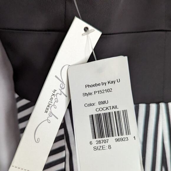 Phoebe By Kay Unger Black White Striped Mini Dress Sleeveless V-Neck Size 8 NWT - Picture 8 of 11